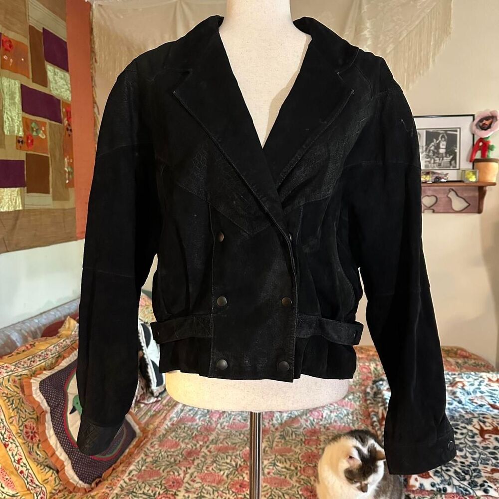 80s G-III Black Suede Snake Skin Textured Puffy Sleeve Silhouette Bomber Jacket